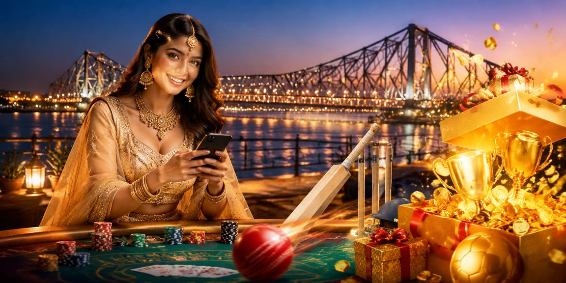 City lights over Howrah Bridge with betting and entertainment vibe